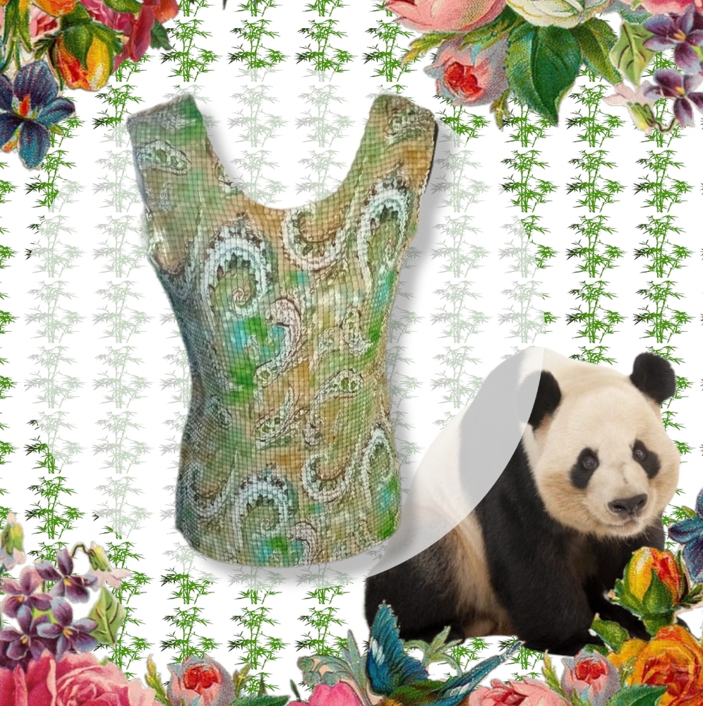 Retro 90s Pleated Stretch Earthy Green Paisley Sleeveless Tank Top